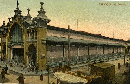 Postal coloreada, Mercado Central construido por Felix Navarro en 1903. Zaragoza. Principios del siglo XX. 28