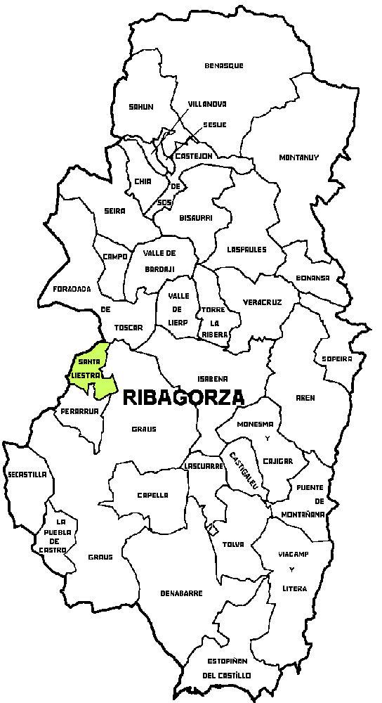 Mapa de la posición del Municipio de Santa Liestra y San Quilez dentro de la comarca de Ribagorza
