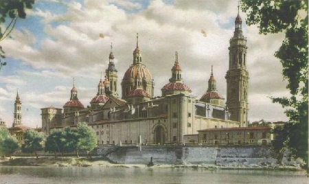 Postal coloreada, La Seo y El Templo del Pilar vistas desde El Río Ebro. Zaragoza. Inicios del siglo XX. 35