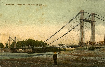 Postal coloreada, Puente sobre el Gállego con sus estructuras de hierro. Zaragoza. Inicios del siglo XX. 39