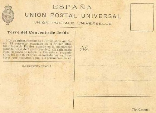 reverso postal de Zaragoza 1908 centenario de los Sitios