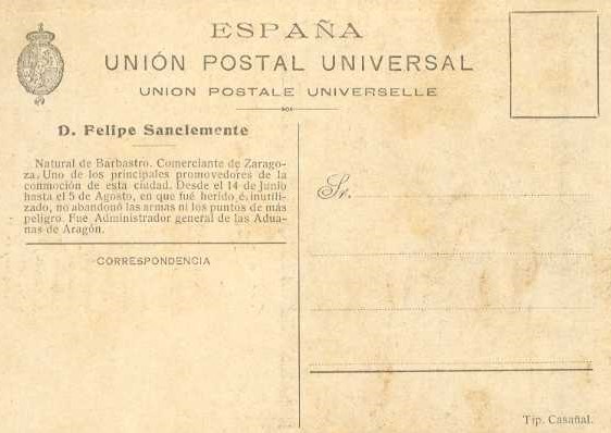 reverso postal Zaragoza en 1908 centenario de los Sitios