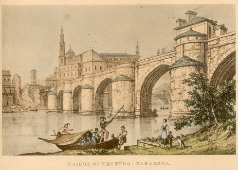 Bridge of the Ebro. El puente del Ebro. Litografia del siglo XVIII. Zaragoza. Aragón.
