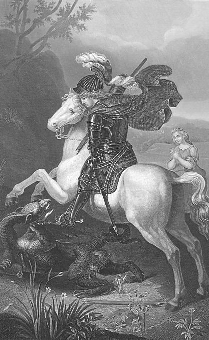 San Jorge, en una representación típica: caballero con armadura matando a dragón para salvar a la dama. Ilustración italiana. 15