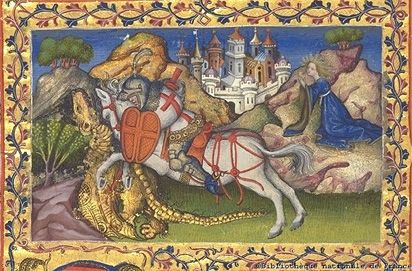 San Jorge, en una representación a caballo en el Libro de horas del rey Martín de Aragón. 16