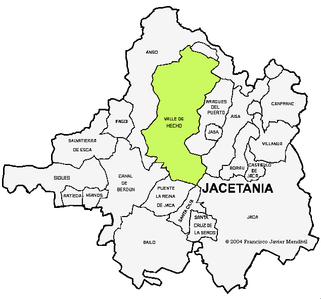 Mape del Municipi de Valle de Hecho dintre de la Comarca de la Jacetania