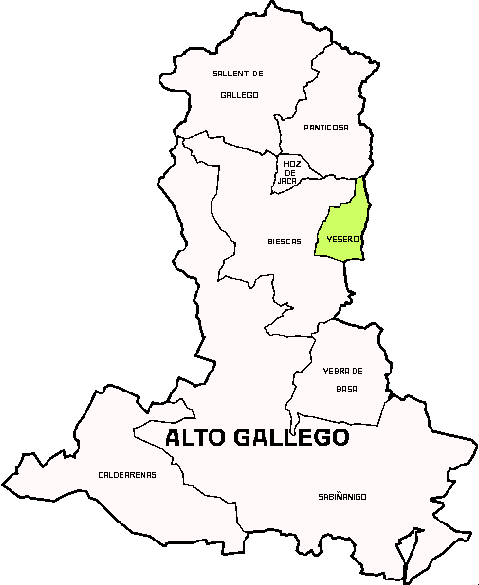 Mapa del Municipi de Yesero dintre de la comarca de Alto Gállego