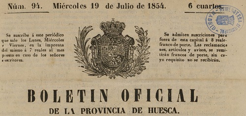 Cabecera Boletín Oficial de Huesca histórico 1854
