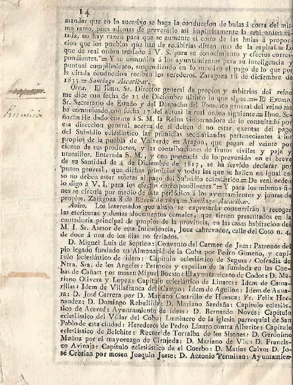 Boletín Oficial de Aragón, histórico de 1834. 14