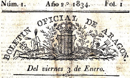 Cabecera del Boletín oficial de Aragón 1834