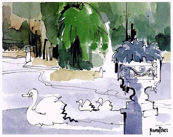 Parque de Huesca, arte y sosiego. Dibujo de Teodoro Perez