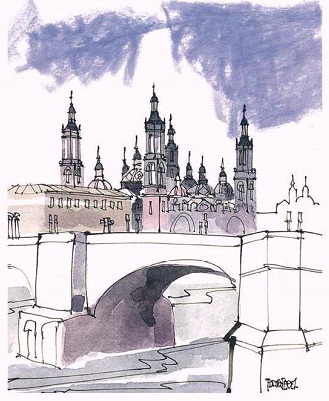 Zaragoza, el Pilar, un mundo, un puente al futuro. Dibujo de Teodoro Perez
