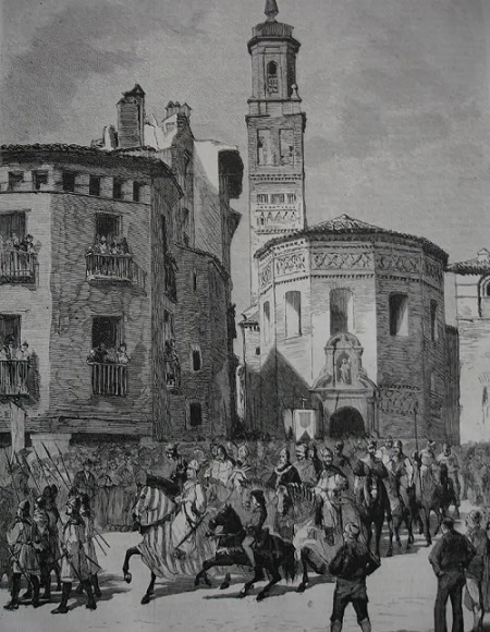 Cabalgata del Rey Jaime I por la calle Coso de Zaragoza, saliendo desde la plaza de La Magdalena