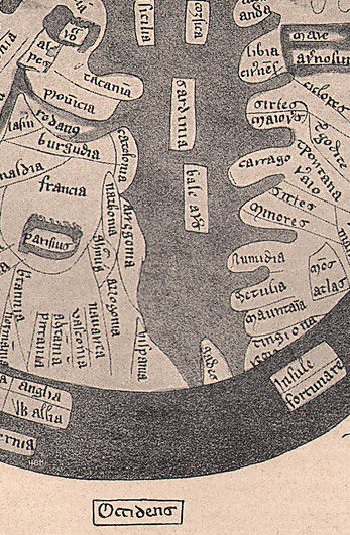 Detalle del Mapamundi de Ranulph Higden del año 1350 de nuestra era