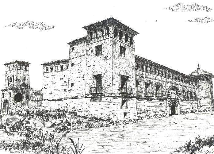 Alcañiz (Teruel) castillo calatravo convertido en Parador dibujado a pluma según Miguel Brunet Castélls