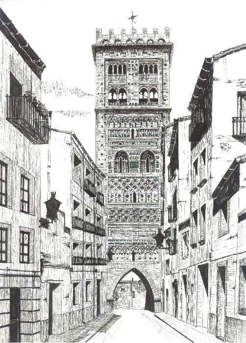 Torre de El Salvador de Teruel a pluma según Miguel Brunet Castélls