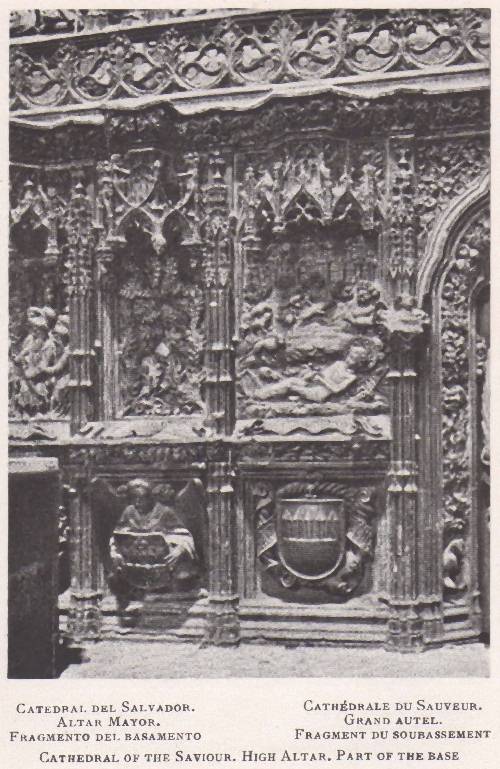 Zaragoza I. El arte en España 1938. Catedral del Salvador. Altar mayor. Fragmento del Basamento.