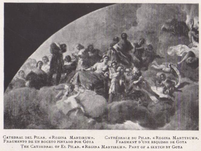 Zaragoza I. El arte en España 1938. Catedral del Pilar. REGINA MARTIRUM. Fragmento de un boceto pintado por Goya.