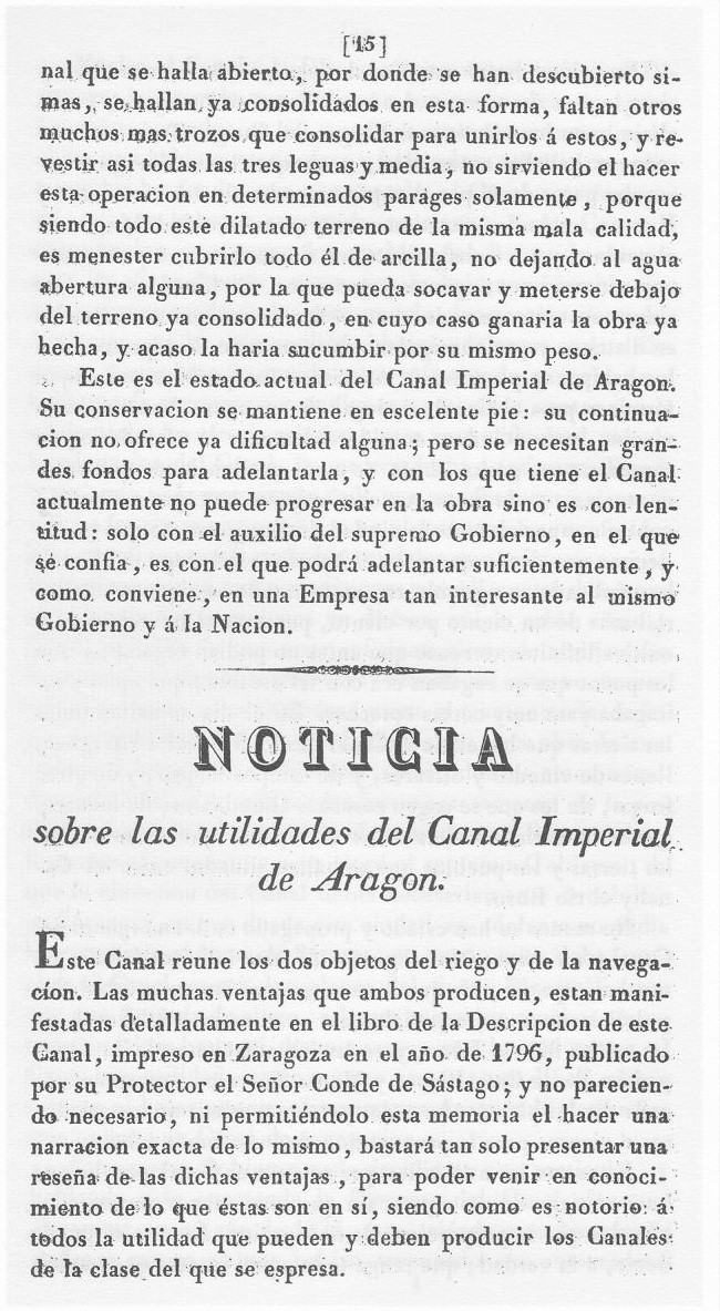 Canal Imperial de Aragón. Memoria histórica. Noticia sobre las utilidades que produce, y explicación de que contiene Página 15. Canal Imperial de Aragón. Memoria histórica.