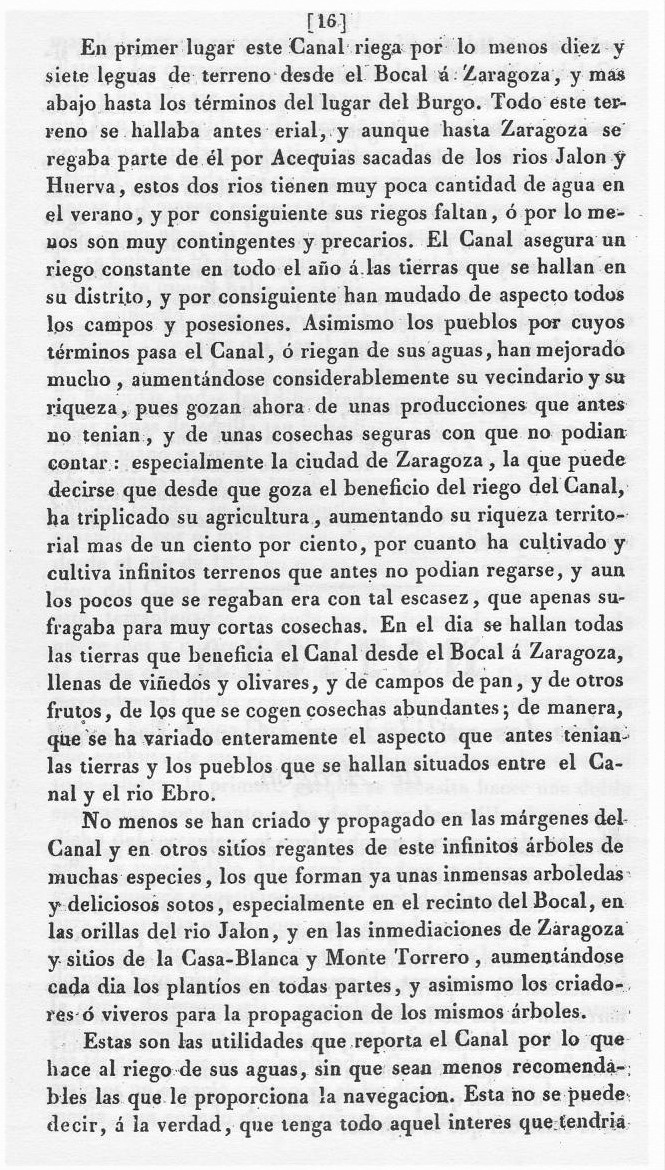 Canal Imperial de Aragón. Memoria histórica. Noticia sobre las utilidades que produce, y explicación de que contiene Página 16. Canal Imperial de Aragón. Memoria histórica.