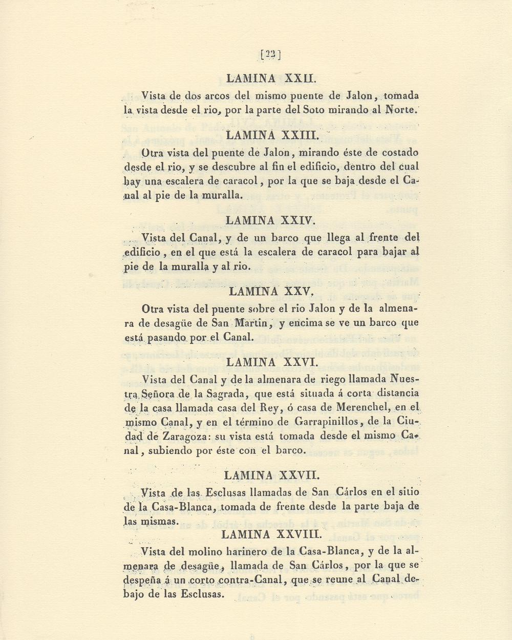 Canal Imperial de Aragón. Memoria histórica. Noticia sobre las utilidades que produce, y explicación de que contiene Página 22. Canal Imperial de Aragón. Memoria histórica.