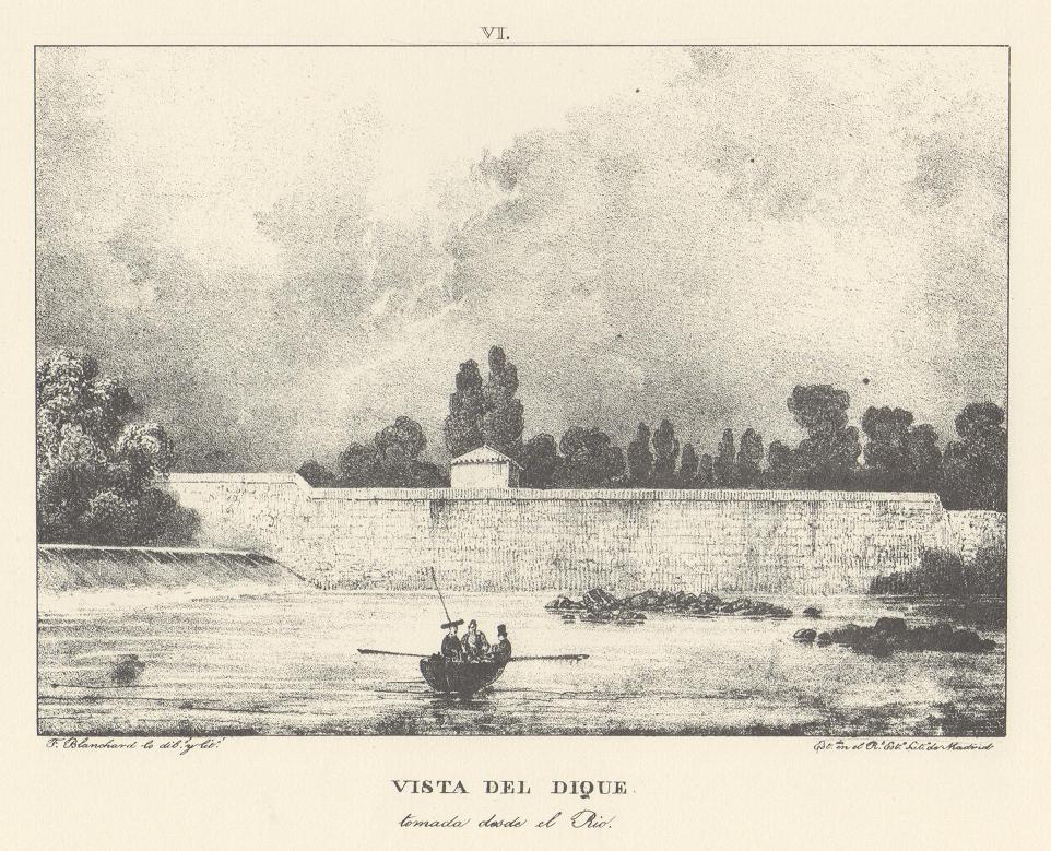 Canal Imperial de Aragón. Vista del dique. Memoria histórica. Noticia sobre las utilidades que produce, y explicación de que contiene Lámina VI. Canal Imperial de Aragón. Vista del dique. Memoria histórica.