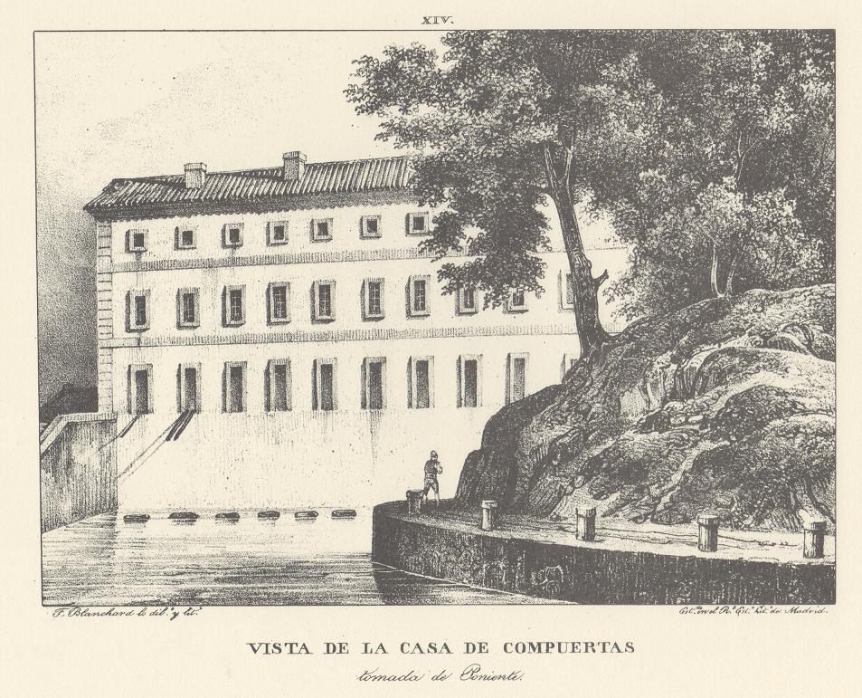 Canal Imperial de Aragón. Vista de la casa de compuertas. Memoria histórica. Noticia sobre las utilidades que produce, y explicación de que contiene Lámina XIV. Canal Imperial de Aragón. Vista de la casa de compuertas. Memoria histórica.
