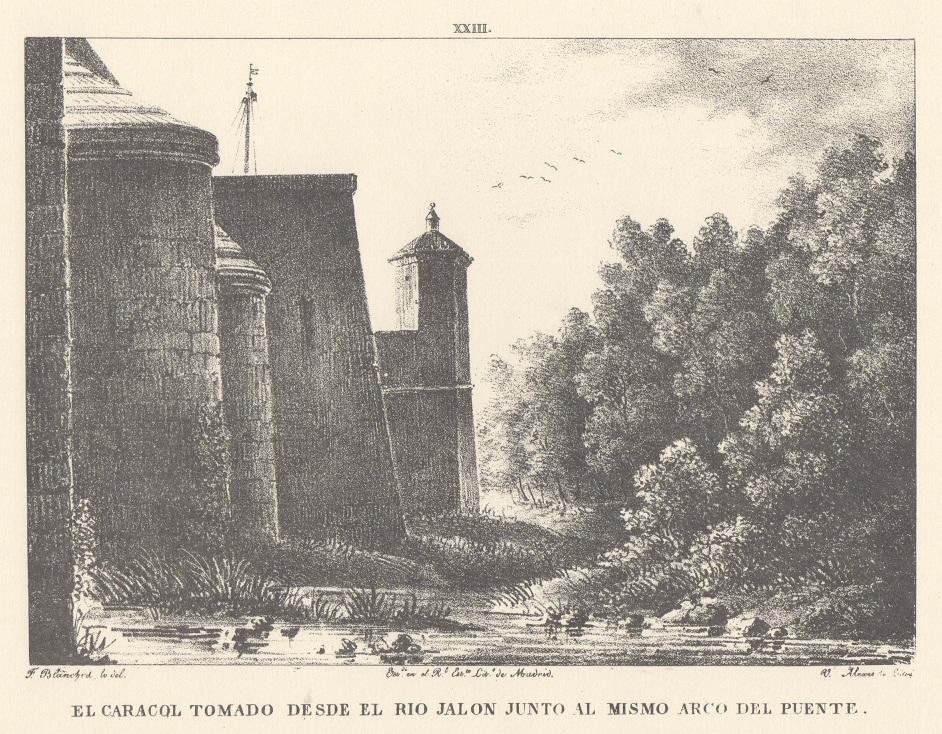 Canal Imperial de Aragón. El Caracol tomado desde el río Jalón junto al mismo arco del puente. Memoria histórica. Noticia sobre las utilidades que produce, y explicación de que contiene Lámina XXIII. Canal Imperial de Aragón. El Caracol tomado desde el río Jalón junto al mismo arco del puente. Memoria histórica.