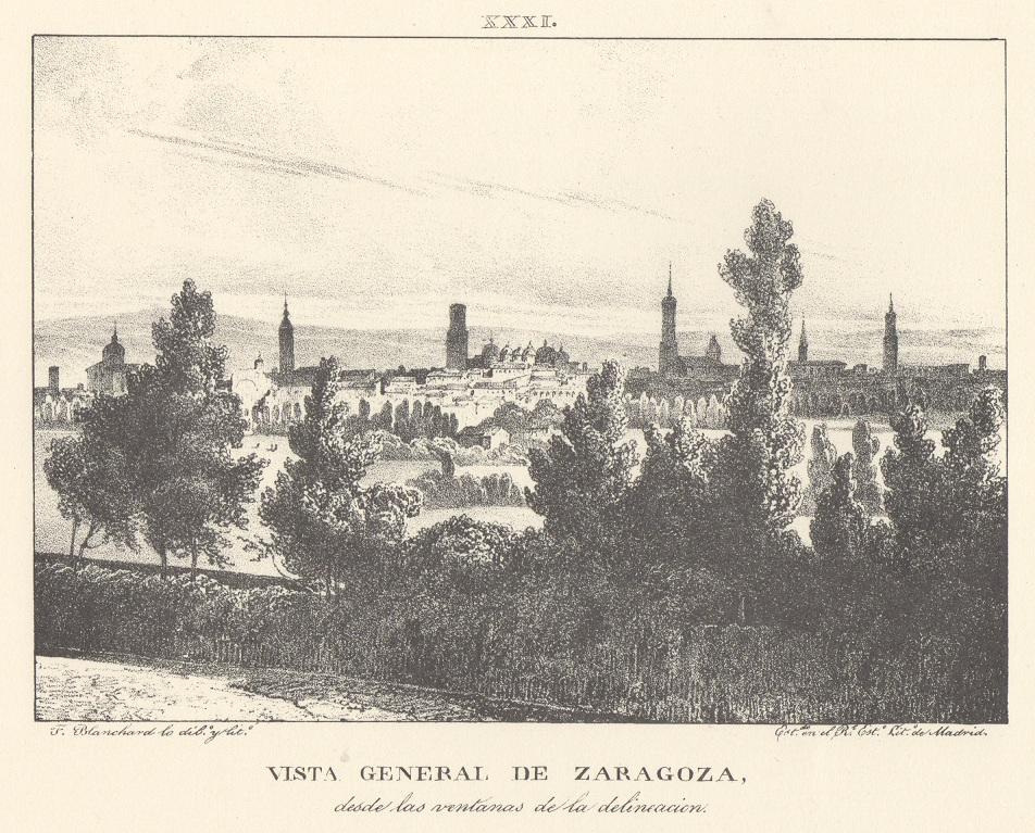 Canal Imperial de Aragón. Vista general de Zaragoza. Memoria histórica. Noticia sobre las utilidades que produce, y explicación de que contiene Lámina XXXI. Canal Imperial de Aragón. Vista general de Zaragoza. Memoria histórica.