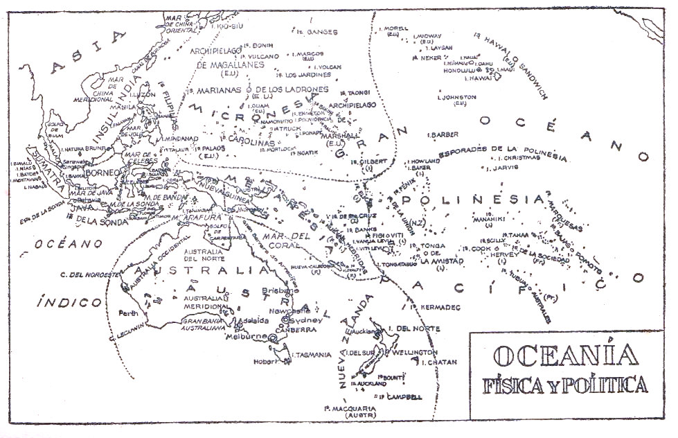 Geografía Universal. De Gasso hermanos editores. Barcelona 1961. Página 484. Mapa de Oceanía.
