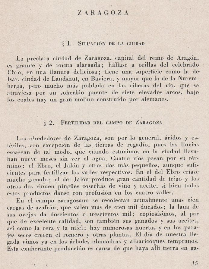 Página 13. La visita de Jerónimo Münzer a Zaragoza en el año 1495. Publicaciones de -La Cadiera XV-. Libreria General Zaragoza 1949.