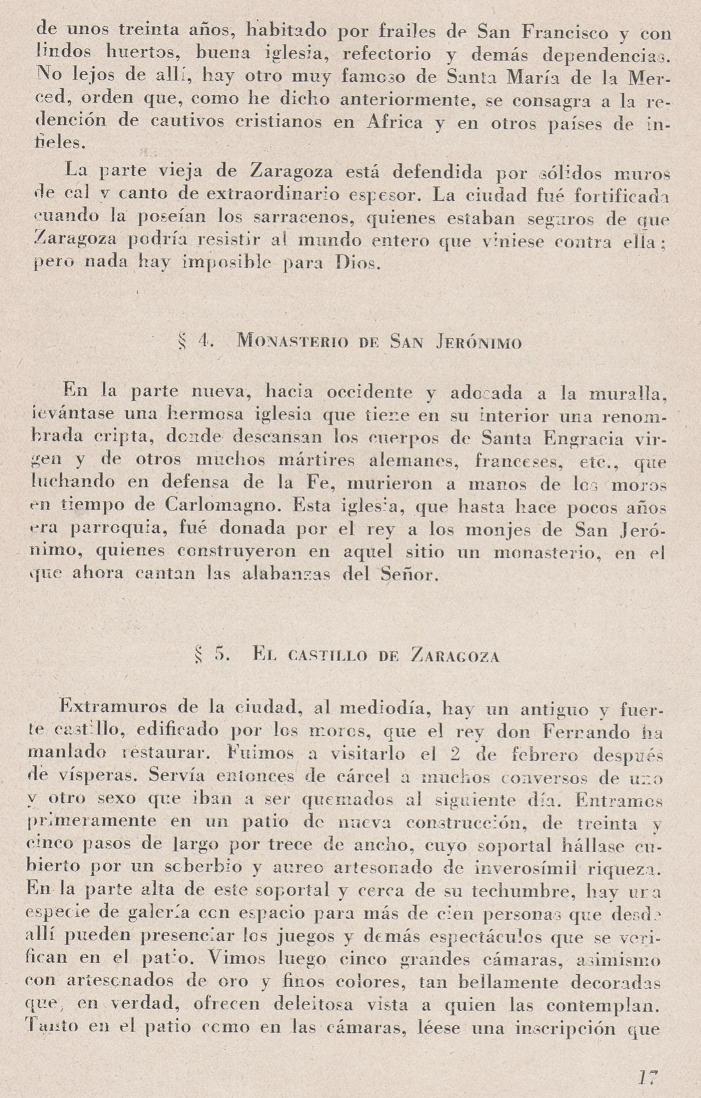 Página 17. La visita de Jerónimo Münzer a Zaragoza en el año 1495. Publicaciones de -La Cadiera XV-. Libreria General Zaragoza 1949.